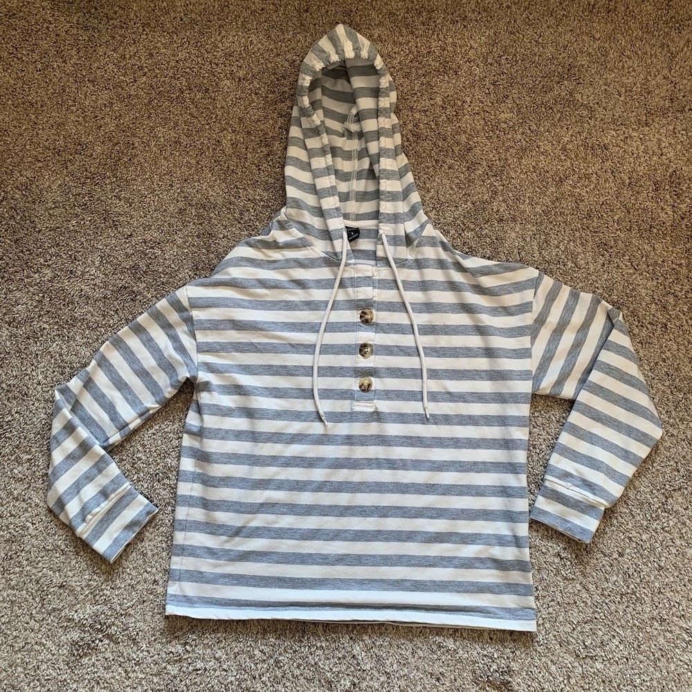 Emery‎ Rose Pullover Women's Small Long Sleeve Shirt Gray White Stripe Hood